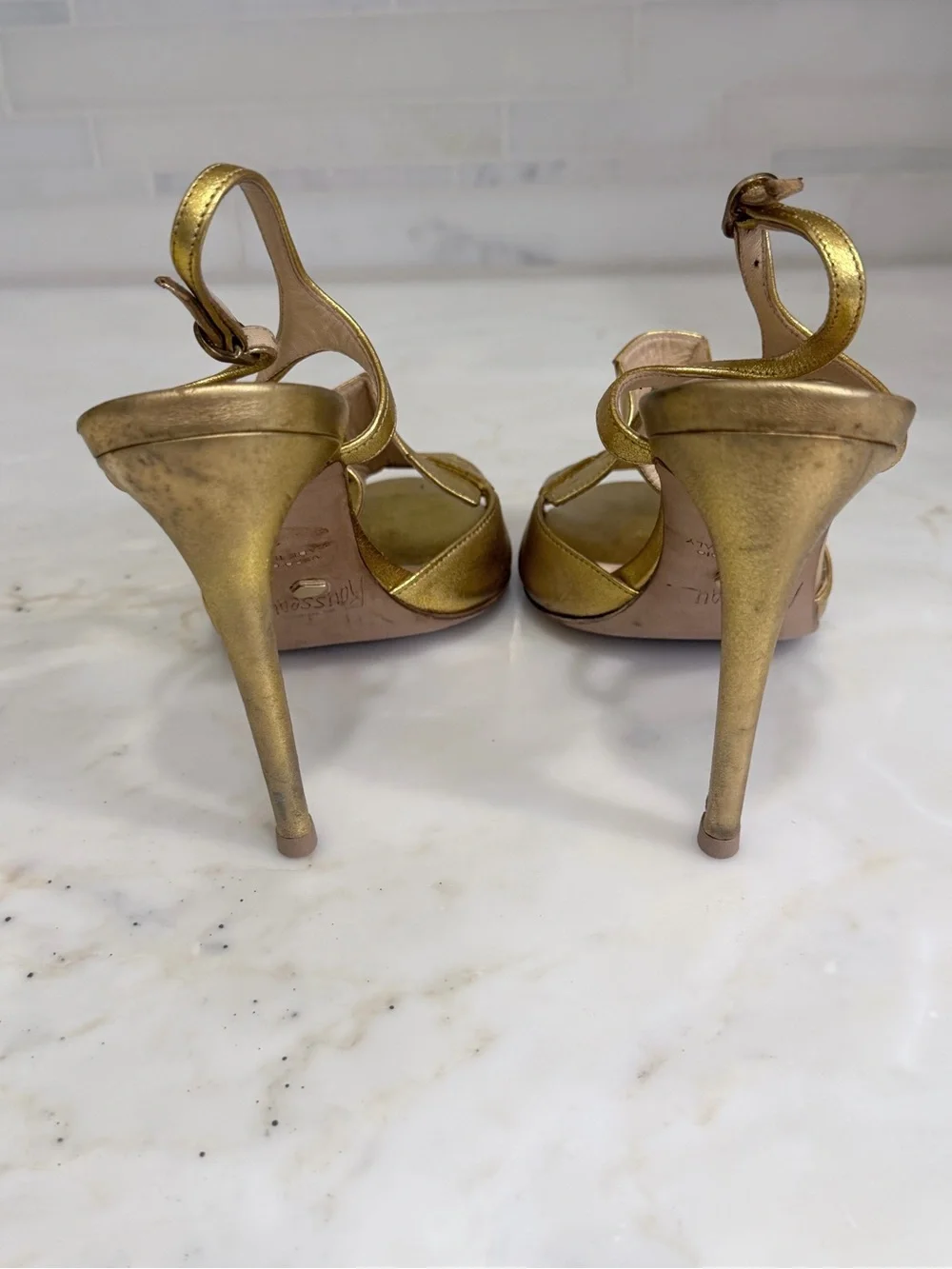 Jerome C. Rousseau gold leather peep-toe sandals